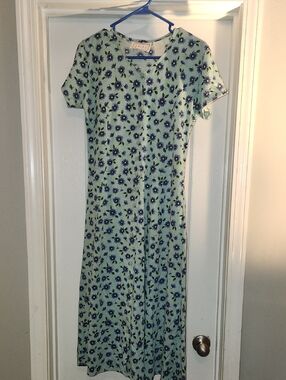 VTG 90s Erika Studio Petite Medium Teal Blue Floral Midi Tea Dress Cottagecore